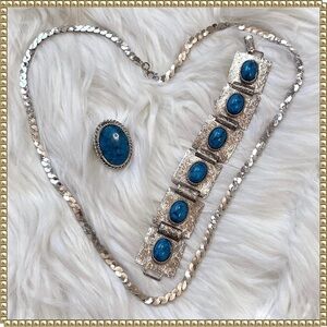 Silver Tone Turquoise Necklace Bracelet Ring Set